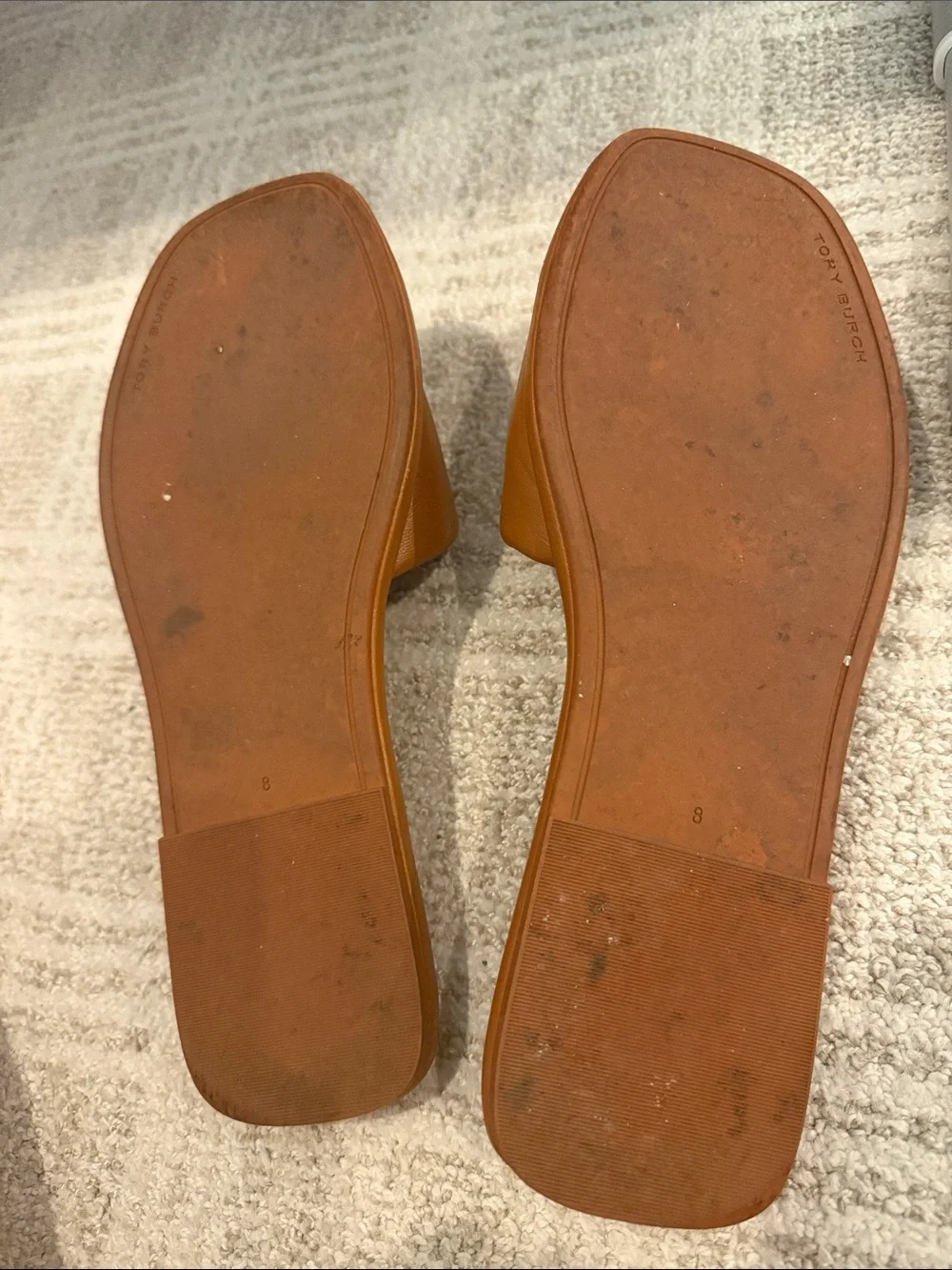Tory Burch Cognac Leather Slide Sandals with Gold Logo